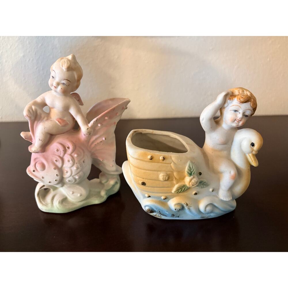 Vtg Cherub Planters Occupied Japan & Made in Japan Whimsical Nursery Cottage (2)